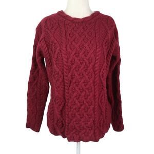 Irelands Eye Knitwear Lambay Lattice Cable Aran Sweater Burgundy Wool